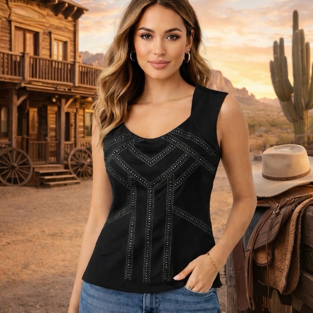 Cache Black Rhinestone Western Corset-Style Tank Top
